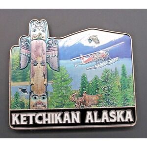 Ketchikan Alaska Metal Magnet Fridge Decor Souvenier Plane Totem Pole 3" x 2.5"